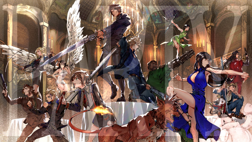 5girls 6+boys alternate_costume angel_wings arm_cannon barret_wallace breasts cait_sith_(final_fantasy) cid_highwind cleavage cloud_strife dark-skinned_male dark_skin dress fighting_stance final_fantasy final_fantasy_vii final_fantasy_viii formal gatling_gun gun gunblade handgun highres in-franchise_crossover irvine_kinneas large_breasts moogle multiple_boys multiple_girls nunchaku official_alternate_costume polearm quistis_trepe red_xiii rinoa_heartilly seed_uniform_(ff8) selphie_tilmitt shio_ga shuriken spear squall_leonhart suit sword tifa_lockhart vincent_valentine weapon whip wings yuffie_kisaragi zell_dincht