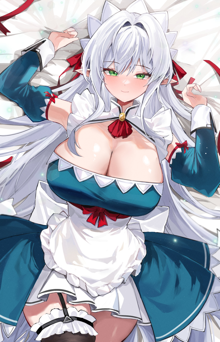 absurdres alternate_costume apron armpits arms_up bare_shoulders bed_sheet black_thighhighs blue_dress breasts cleavage closed_mouth commission detached_sleeves dress elsword female frills garter_straps green_eyes gurami_(zangizarang) headdress highres large_breasts long_sleeves lying maid maid_apron maid_headdress on_back pointy_ears rena_erindel single_garter_strap single_thighhigh sleeveless sleeveless_dress smile solo thighhighs white_hair