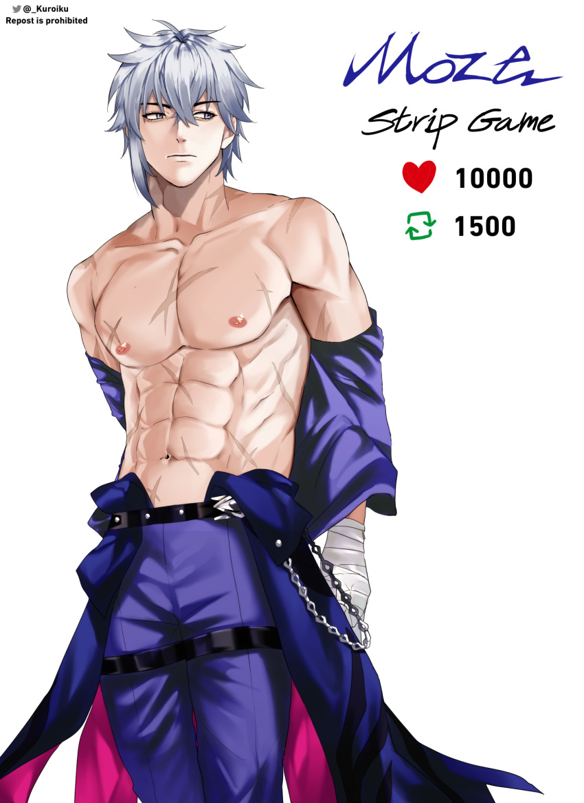 1boy abs arms_behind_back arrow_(symbol) artist_name bandaged_arm bandages belt black_belt chains character_name closed_mouth collarbone commentary cowboy_shot crossed_bangs english_commentary expressionless grey_hair hair_between_eyes heart highres honkai:_star_rail honkai_(series) kuroiku like_and_retweet male_focus meme moze_(honkai:_star_rail) multiple_scars navel nipples pants pectorals purple_eyes purple_pants purple_shirt scar scar_on_arm scar_on_chest scar_on_shoulder scar_on_stomach shirt shirt_partially_removed short_hair simple_background solo standing stomach thigh_strap topless_male twitter_logo twitter_strip_game_(meme) twitter_username white_background