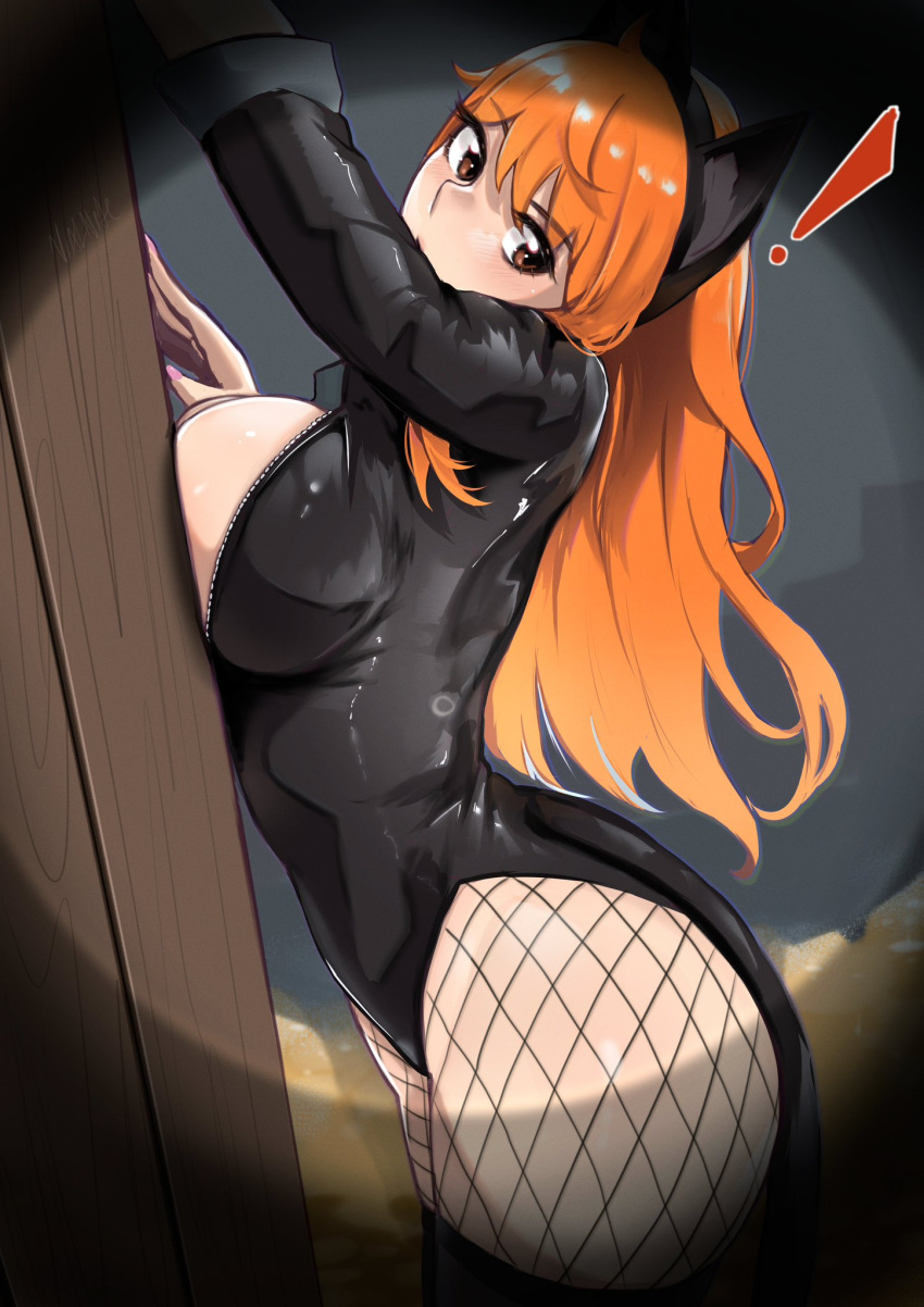 ! alternate_costume animal_ears ass black_leotard black_thighhighs breasts brown_eyes burglar cat_ears cleavage covered_navel fake_animal_ears female fishnet_pantyhose fishnets highleg highleg_leotard highres large_breasts leotard long_hair looking_at_viewer nami_(one_piece) one_piece open_mouth orange_hair pantyhose sleeves_rolled_up solo thighhighs thighs vialnite