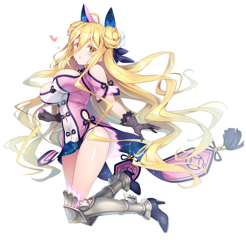 :o armor black_panties blonde_hair blush boots bow breasts cetus_(constellation) constellation_print date_a_live double_bun dress female full_body greaves hair_between_eyes hair_bun hair_ornament hairbow hercules_(constellation) highres hoshimiya_mukuro large_breasts long_hair looking_at_viewer low_neckline moeki_yuuta panties pink_dress poleyn sagittarius_(constellation) scorpius_(constellation) solo tassel thighs underwear very_long_hair yellow_eyes