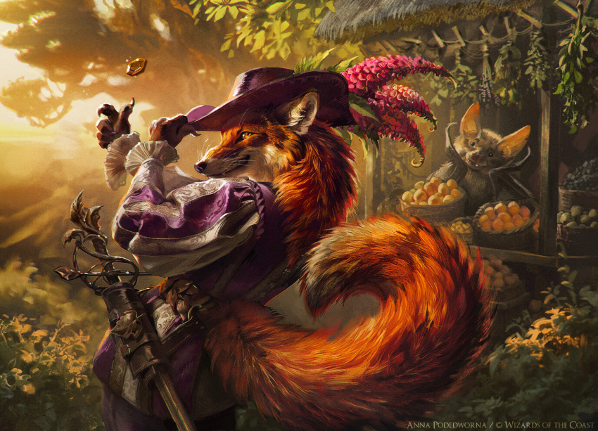 akreon ambiguous_gender anthro artist_name basket bat bowl branch canid canine classy clothed clothed_ambiguous clothed_anthro clothed_male clothing container detailed detailed_background duo fancy_clothing flamboyant flower fluffy fluffy_tail food forest forest_background fox fruit hasbro hat hat_ornament headgear headwear leaf light magic:_the_gathering male mammal market_stall melee_weapon merchandise merchant mr._foxglove nature nature_background official_art outside plant sheathed_sword smile sunlight sword sword_sheath tail tipping_hat tossing tree weapon wizards_of_the_coast