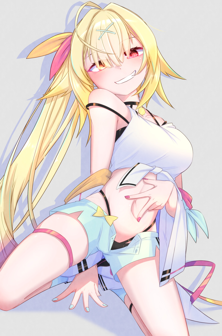 absurdres ahoge blonde_hair breasts female grey_background grin hair_over_eyes hair_ribbon highres hoshikawa_sara kneeling long_hair looking_at_viewer medium_breasts menou_74 nail_polish navel nijisanji ponytail red_eyes ribbon short_shorts shorts smile solo spread_navel thigh_strap very_long_hair virtual_youtuber