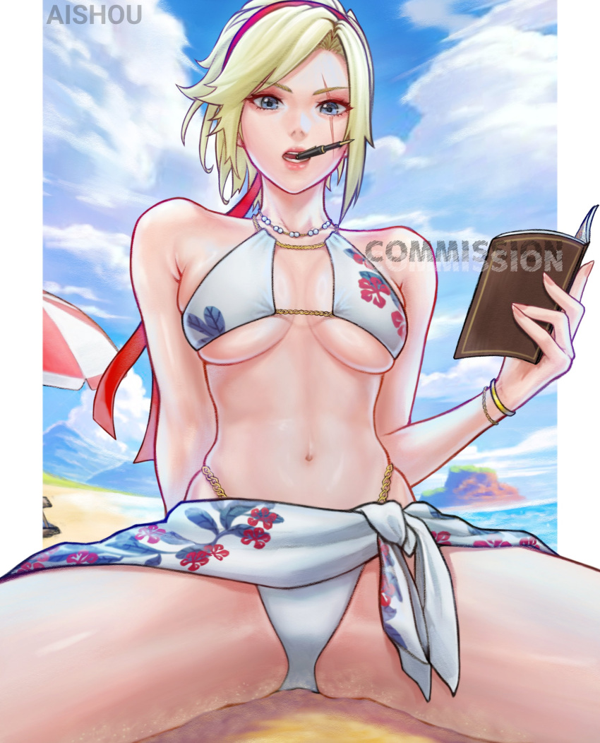 absurdres ai_shou beach bikini blonde_hair blue_eyes book breasts commission female highres lidia_sobieska looking_at_viewer navel ponytail scar scar_across_eye scar_on_face solo swimsuit tekken tekken_8