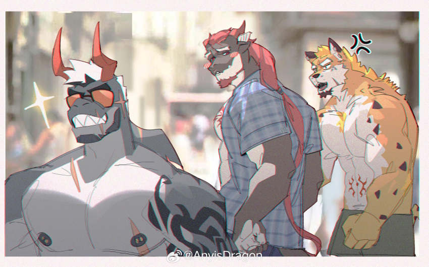 3boys absurdres animal_ears bara beard blush distracted_boyfriend_(meme) dragon_(any) ethan_shax facial_hair fins fish_tail full_beard furry furry_male goatee highres house jaguar_boy jaguar_ears jealous large_pectorals long_hair looking_at_another looking_back male_focus mature_male meme multiple_boys muscular muscular_male nipple_piercing nipples original pectorals peterhl piercing romg romg_the_jaguar second-party_source shark_boy shark_fin shark_tail smile sparkle tail thick_eyebrows upper_body yaoi