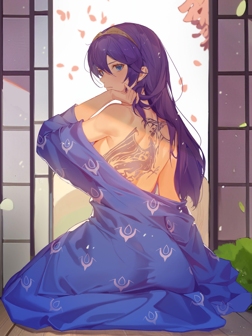 absurdres ass back back_tattoo bare_back bare_shoulders blue_eyes blue_hair brand_of_the_exalt closed_mouth commentary dragon_tattoo falling_petals female fire_emblem fire_emblem_awakening genki_(obsession) hair_between_eyes hand_in_own_hair hand_up headband highres japanese_clothes kimono long_hair looking_at_viewer looking_back lucina_(fire_emblem) official_alternate_costume open_door partially_undressed petals solo symbol-shaped_pupils tattoo