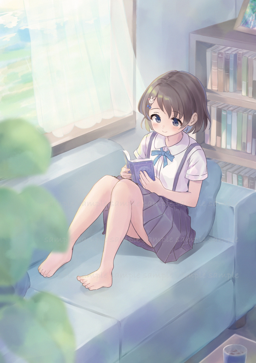 absurdres bare_legs barefoot black_hair black_skirt blue_ribbon blurry blush book bookshelf commentary_request commission couch depth_of_field feet female free_palet hair_ornament hairclip highres holding holding_book idolmaster idolmaster_cinderella_girls indoors knees_up neck_ribbon on_couch pleated_skirt rabbit_hair_ornament reading ribbon sample_watermark sasaki_chie shirt short_hair short_sleeves sitting skeb_commission skirt smile solo suspender_skirt suspenders toes watermark white_shirt