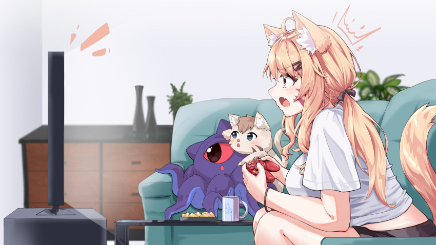 absurdres alheitrakzoth animal_ear_fluff animal_ears blonde_hair breasts cat_ears cat_girl cat_tail controller facial_mark female from_side game_controller highres indie_virtual_youtuber leaning_forward long_hair medium_breasts oerba_yun_fang open_mouth playing_games pokatto_(squchan) red_eyes second-party_source shyrei_faolan sitting skin_fang tail u_da_desu virtual_youtuber whisker_markings