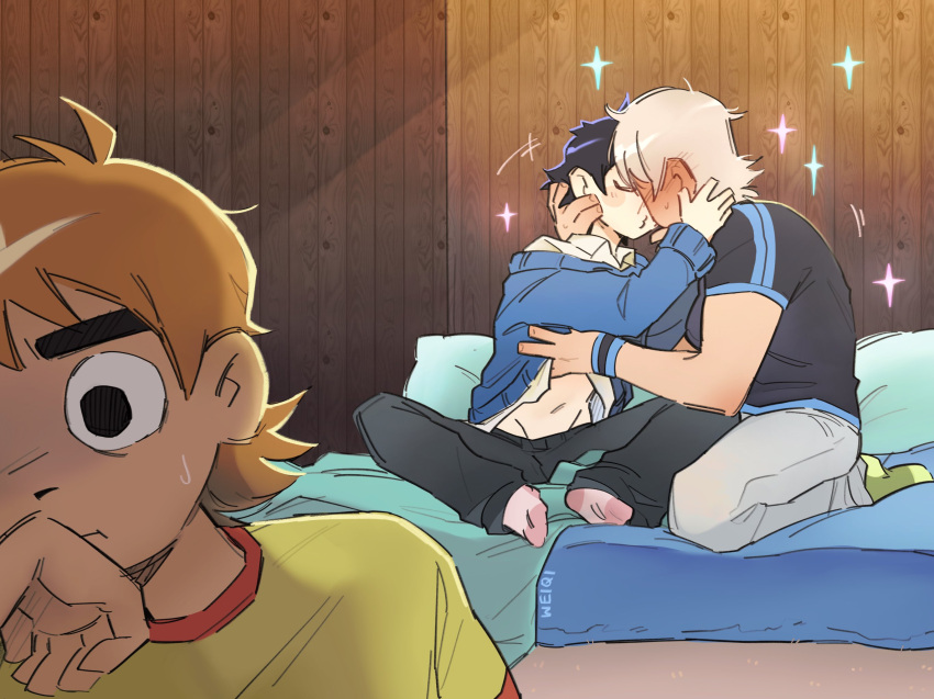 3boys ahoge black_hair blonde_hair blue_sweater blush closed_eyes clothes_lift commentary couple english_commentary full-face_blush hand_under_clothes hand_under_shirt highres indoors kissing male_focus multiple_boys on_bed orange_hair pants photo-referenced scott_pilgrim scott_pilgrim_(series) scott_pilgrim_takes_off shirt shirt_lift short_hair socks sparkle sweatdrop sweater todd_ingram wallace_wells weiqi yaoi