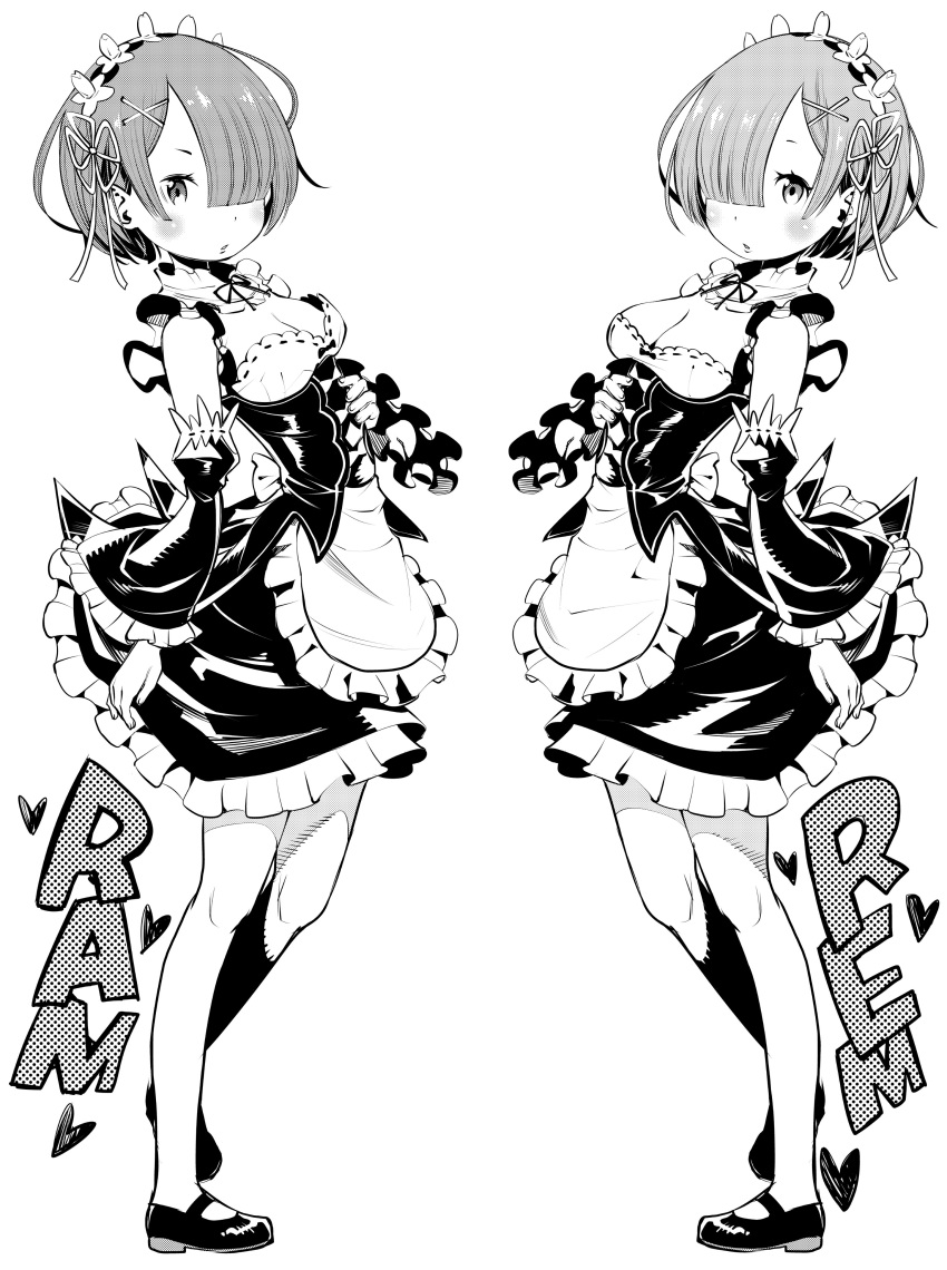 2girls absurdres breasts character_name commentary_request detached_sleeves frilled_sleeves frills fukushima_masayasu greyscale hair_ornament hair_over_one_eye highres maid maid_headdress medium_breasts monochrome multiple_girls ram_(re:zero) re:zero_kara_hajimeru_isekai_seikatsu rem_(re:zero) revision roswaal_mansion_maid_uniform short_hair siblings sisters twins x_hair_ornament