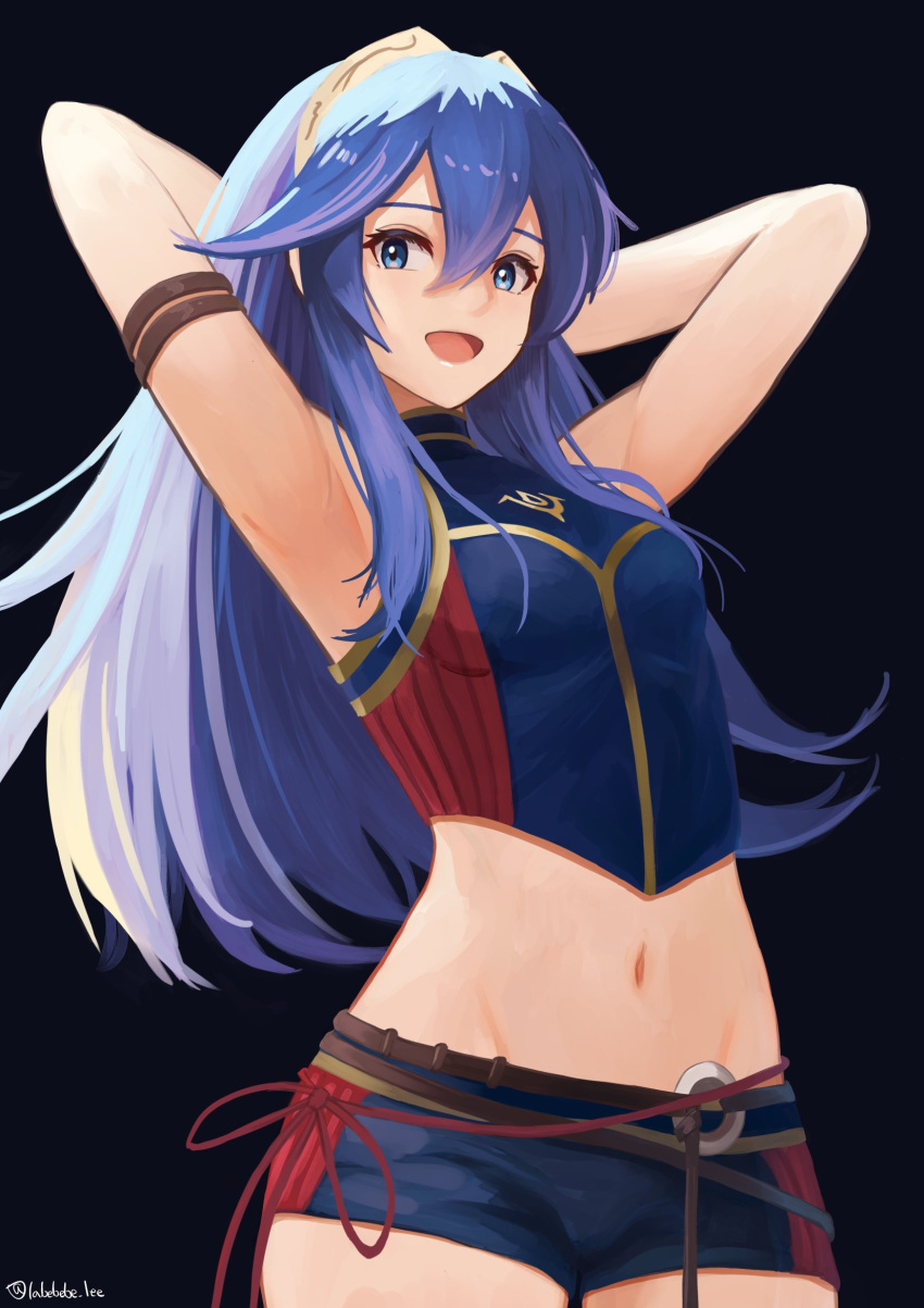 bikini blue_bikini blue_eyes blue_hair female fire_emblem fire_emblem_awakening fire_emblem_cipher highres labebebe_lee long_hair looking_at_viewer lucina_(fire_emblem) navel official_alternate_costume open_mouth shorts smile solo swimsuit