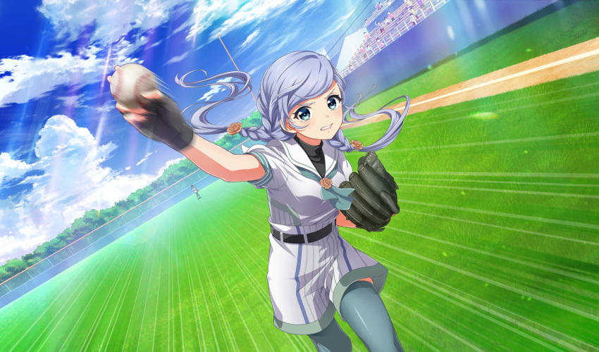 2girls ball baseball baseball_(object) baseball_mitt baseball_stadium baseball_uniform belt black_belt black_undershirt black_wristband blurry braid cinderella_series clenched_teeth cloud crowd depth_of_field dutch_angle emphasis_lines feet_out_of_frame flower game_cg green_thighhighs hachigatsu_no_cinderella_nine hair_flower hair_ornament highres holding holding_ball lens_flare light_rays low_twin_braids motion_lines multicolored_clothes multicolored_shirt multicolored_shorts multiple_girls non-web_source official_art on_grass onizuka_kiri outdoors playing_sports shirt_under_shirt short_sleeves shorts sky solo_focus speed_lines sportswear sunbeam sunlight teeth thighhighs throwing twin_braids v-shaped_eyebrows white_hair