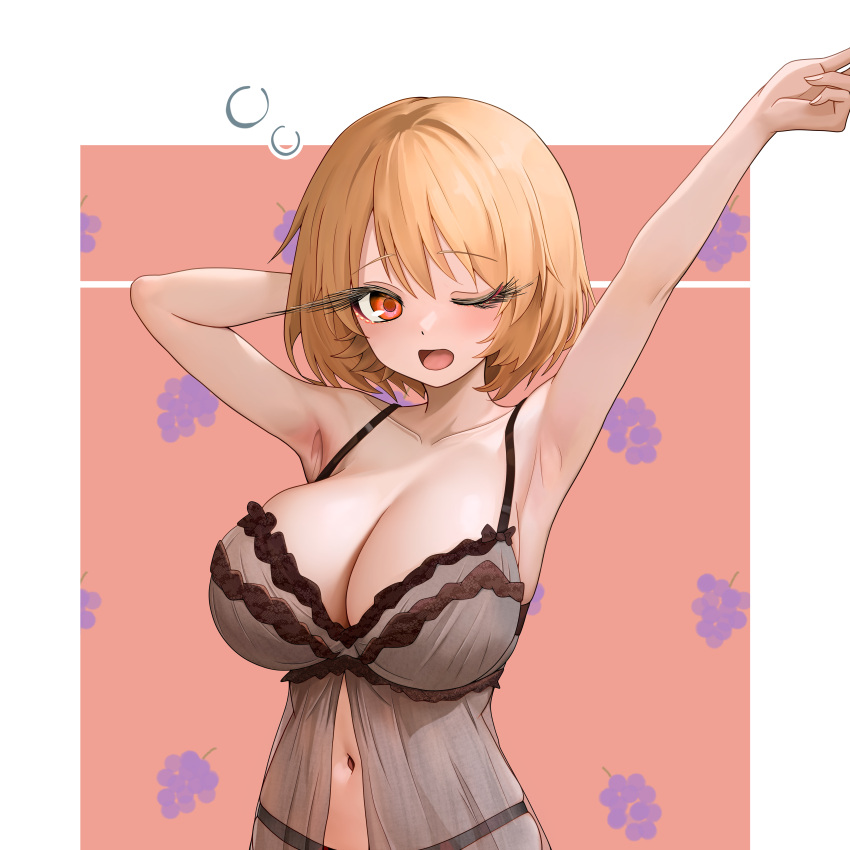 absurdres aki_minoriko armpits arms_up black_panties blonde_hair border breasts cleavage commentary_request dot_nose eyebrows_hidden_by_hair female grape_print hand_on_own_head highres large_breasts light_blush long_eyelashes navel negligee one_eye_closed open_mouth panties red_eyes short_hair solo standing sugar_you tongue touhou underwear upper_body white_border