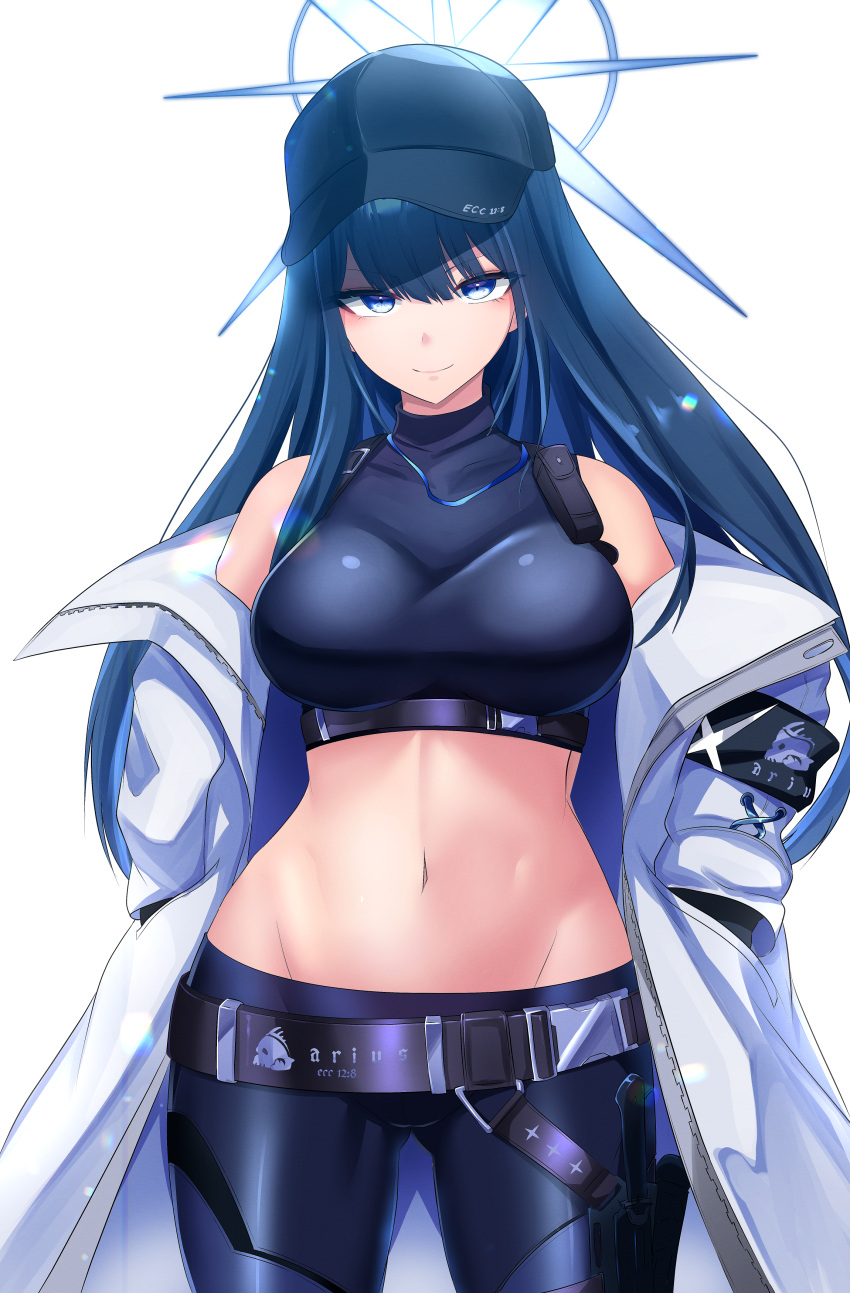 absurdres amamiya_kure ass_visible_through_thighs baseball_cap black_hat blue_archive blue_halo buckle chest_harness coat colored_inner_hair cowboy_shot crop_top female halo harness hat highres knife_sheath long_hair midriff multicolored_hair navel no_mask off_shoulder open_clothes open_coat saori_(blue_archive) sheath shirt sleeveless sleeveless_shirt snap-fit_buckle solo thigh_sheath white_background white_coat