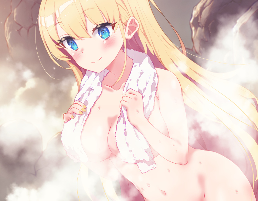 arbiter1 azur_lane blonde_hair blue_eyes breasts convenient_censoring covering_privates dutch_angle female highres long_hair nail_polish naked_towel navel north_carolina_(azur_lane) nude nude_cover onsen rock smile solo steam steam_censor sweat towel towel_around_neck