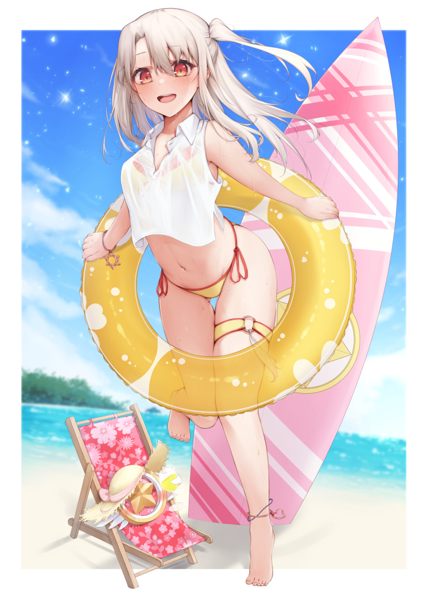 absurdres barefoot beach beach_chair bikini blue_sky blush breasts fate/kaleid_liner_prisma_illya fate_(series) female full_body highres illyasviel_von_einzbern innertube long_hair looking_at_viewer magical_ruby one_side_up open_mouth red_eyes seven_d3t shirt shore sidelocks sky sleeveless sleeveless_shirt small_breasts smile surfboard swim_ring swimsuit white_hair white_shirt yellow_bikini