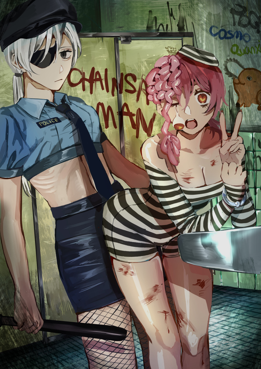 2girls absurdres anmochi_donatsu bare_shoulders black_hat bleeding blood chainsaw_man cosmo_(chainsaw_man) cuffs dangling_eye exposed_brain eyepatch fishnets graffiti handcuffs hat highres multiple_girls pink_hair police police_uniform prison_clothes quanxi_(chainsaw_man) ribs v white_hair