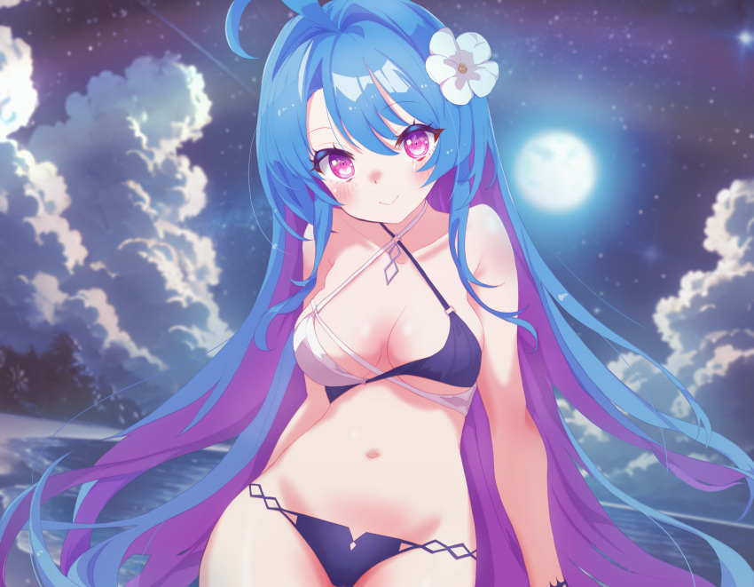 ahoge arbiter1 azur_lane bare_shoulders beach bikini blue_hair breasts criss-cross_halter female flower full_moon hair_flower hair_ornament halterneck helena_(azur_lane) helena_(shimmering_triangle_wave)_(azur_lane) highres long_hair looking_at_viewer medium_breasts moon navel night official_alternate_costume purple_eyes smile swimsuit two-tone_bikini very_long_hair white_flower