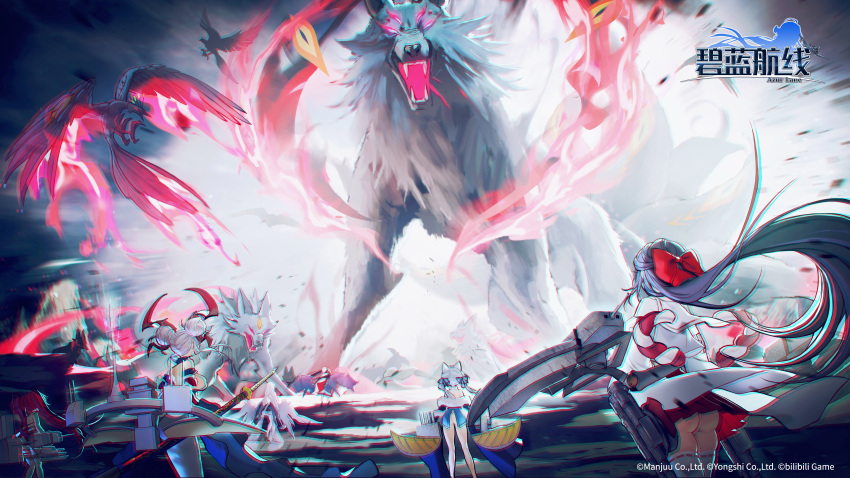 absurdres ass ayase_(azur_lane) azur_lane bad_link bird breasts fighting fire fox fu_shun_(azur_lane) game_cg giant giant_monster highres hitodama horns japanese_clothes miko multiple_girls official_art peter_strasser_(azur_lane) phoenix red_ribbon ribbon rigging scylla_(azur_lane) sideboob suzunami_(azur_lane) sword turret watarase_(azur_lane) water weapon