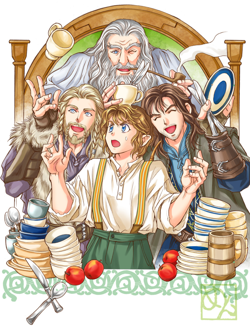 4boys :d apple beard bilbo_baggins blonde_hair blue_eyes blush bowl brown_hair collared_shirt commentary cup cutlery english_commentary facial_hair fili fingernails food fruit gandalf green_pants hands_up highres holding holding_smoking_pipe kazuki-mendou kili_(the_hobbit) long_beard male_focus multiple_boys open_mouth pants parted_lips plate pointy_ears red_apple shirt smile smoke smoking smoking_pipe spoon stubble suspenders tankard teacup the_hobbit tolkien's_legendarium wide-eyed wing_collar