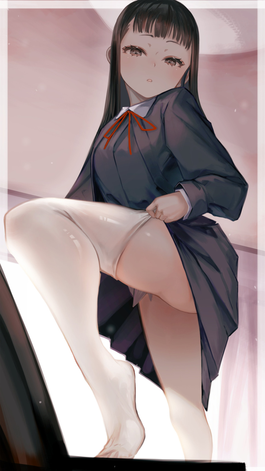 absurdres ass black_hair brown_eyes dressing female from_below highres hime_cut indoors leg_up long_hair no_shoes open_mouth original school_uniform skirt soleil_(soleilmtfbwy03) solo thighhighs thighhighs_pull thighs white_thighhighs