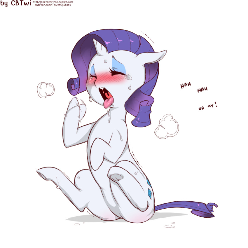 1:1 blush bodily_fluids closed_eyes cold-blooded-twilight drooling equid equine female feral friendship_is_magic hasbro hi_res horn mammal my_little_pony mythological_creature mythological_equine mythology rarity_(mlp) saliva simple_background sitting solo sweat text tongue tongue_out unicorn url white_background