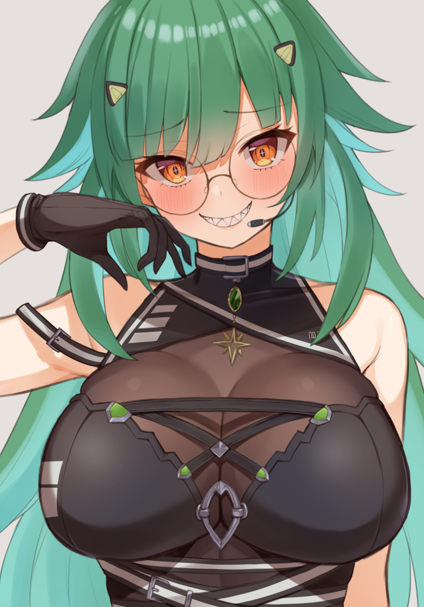 bare_shoulders bespectacled black_gloves blue_hair breasts choco_tanuki cleavage female glasses gloves green_hair grey_background hair_between_eyes hand_up highres huge_breasts jewelry kitakoji_hisui kitakoji_hisui_(2nd_costume) light_blue_hair long_hair looking_at_viewer microphone nijisanji official_alternate_costume orange_eyes pendant sharp_teeth simple_background skindentation sleeveless solo straight-on teeth upper_body virtual_youtuber