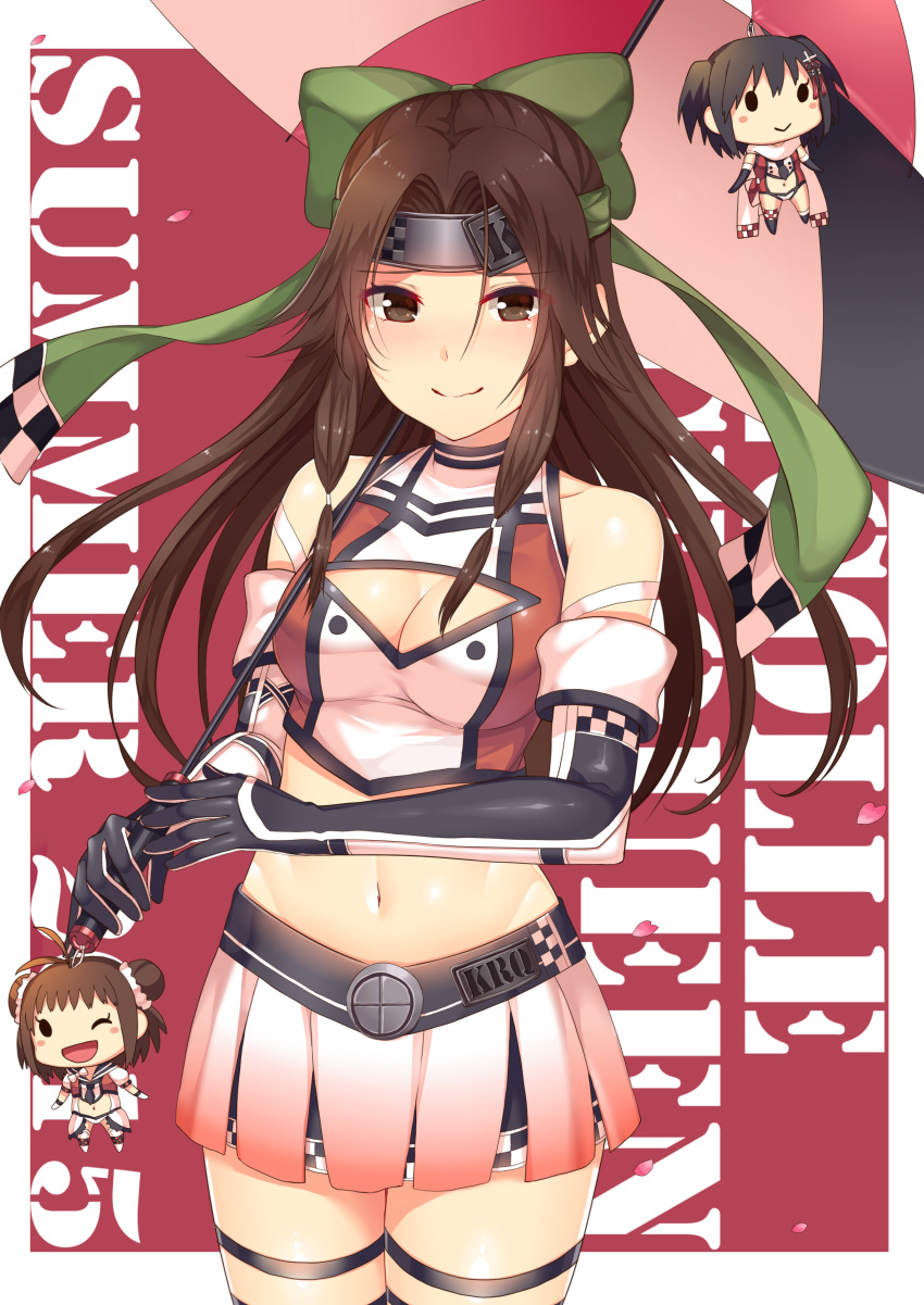 absurdres adapted_costume bare_shoulders blush bow breasts brown_eyes brown_hair character_doll checkered cleavage cleavage_cutout closed_mouth clothing_cutout female gloves gradient_clothes green_bow hairbow headband highres holding horosuke jintsuu_(kancolle) kantai_collection long_hair looking_at_viewer medium_breasts midriff miniskirt naka_(kancolle) navel race_queen sendai_(kancolle) shiny_clothes shiny_skin sidelocks simple_background skirt sleeveless smile standing stomach thighhighs tied_hair umbrella zettai_ryouiki