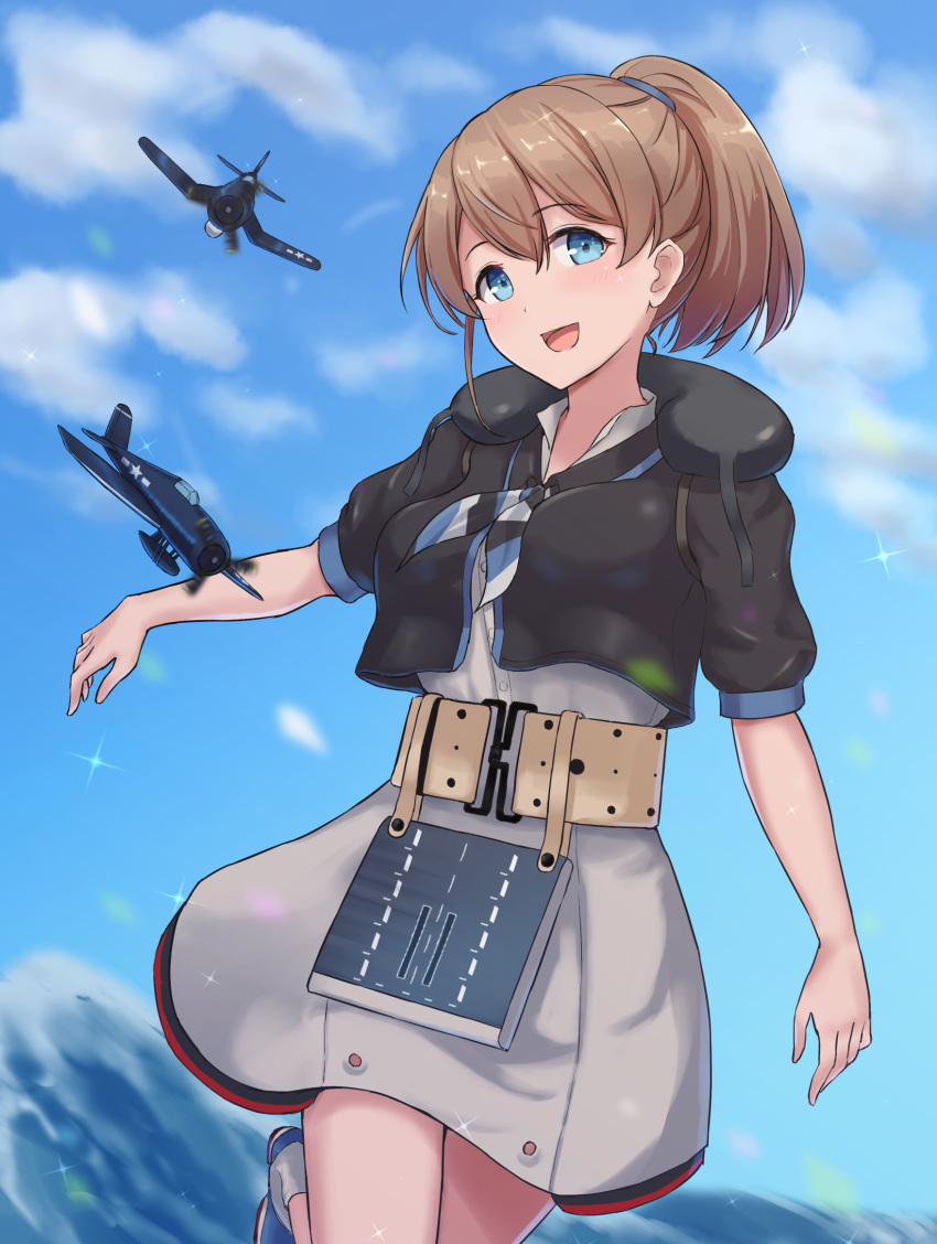 :d aircraft airplane black_shirt blue_eyes blush brown_hair dated f4u_corsair f6f_hellcat female grey_skirt hair_between_eyes highres intrepid_(kancolle) kantai_collection monoku neckerchief ocean open_mouth outdoors ponytail shirt short_hair short_sleeves skirt smile solo sparkle