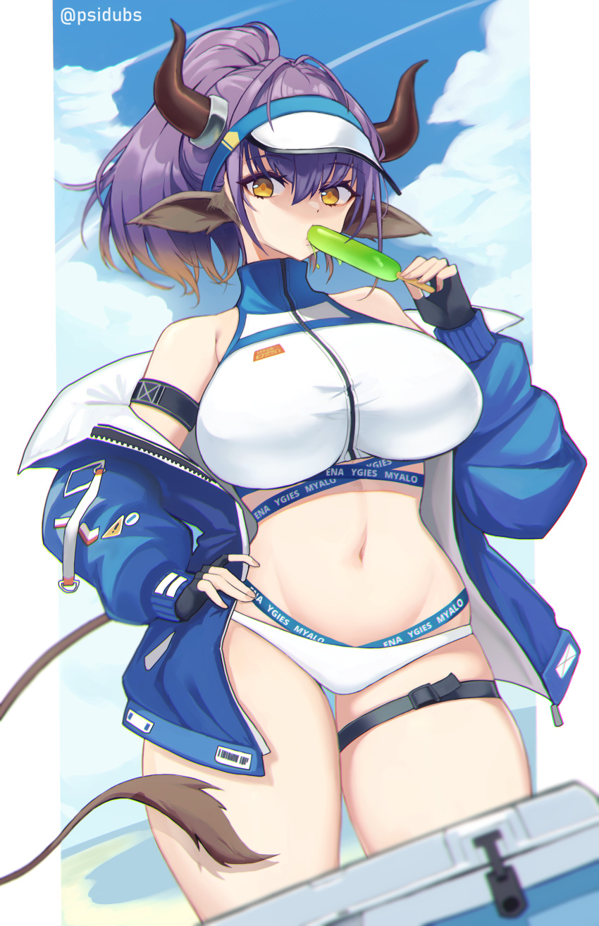 absurdres animal_ears arknights arm_strap artist_name bare_shoulders bikini blue_jacket breasts commentary_request cowboy_shot female hair_between_eyes highres horns jacket large_breasts long_sleeves navel off_shoulder official_alternate_costume open_clothes open_jacket ponytail psidubs purple_hair short_hair sideroca_(arknights) sideroca_(light_breeze)_(arknights) solo standing stomach swimsuit tail thick_thighs thigh_strap thighs twitter_username visor_cap white_bikini yellow_eyes