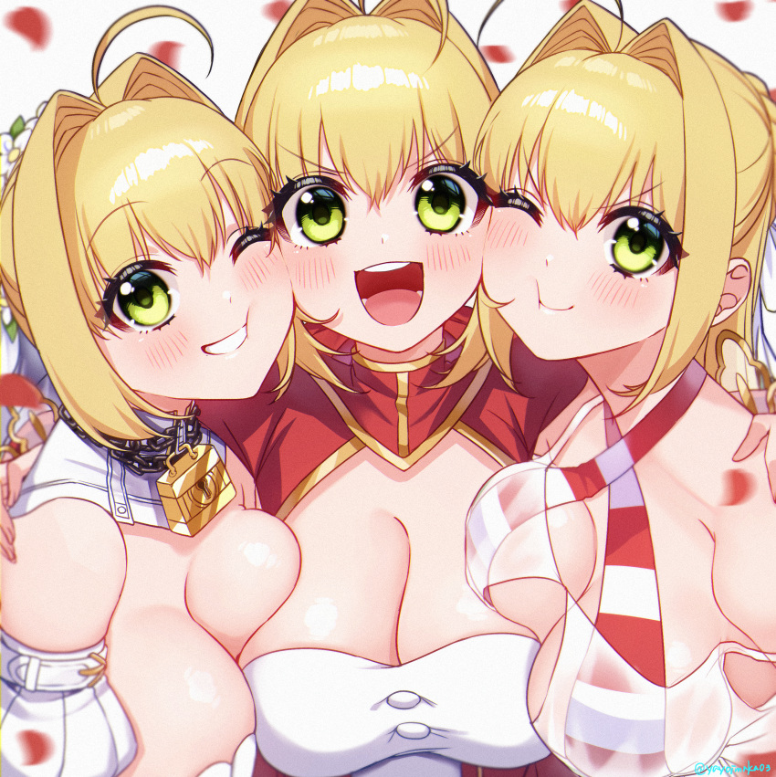 3girls absurdres ahoge arm_around_neck bikini blonde_hair bodysuit braid braided_bun breast_press breasts chains cheek-to-cheek cleavage criss-cross_halter dress epaulettes fate/extra fate/grand_order fate_(series) french_braid girl_sandwich green_eyes hair_bun hair_intakes halterneck heads_together highres leotard lock multiple_girls multiple_persona nero_claudius_(bride)_(fate) nero_claudius_(bride)_(second_ascension)_(fate) nero_claudius_(fate) nero_claudius_(fate/extra) nero_claudius_(swimsuit_caster)_(fate) nero_claudius_(swimsuit_caster)_(third_ascension)_(fate) one_eye_closed padlock padlocked_collar red_dress sandwiched single_hair_bun smile striped_bikini striped_clothes swimsuit symmetrical_docking twintails twitter_username white_bodysuit white_leotard white_sleeves yayoi_maka