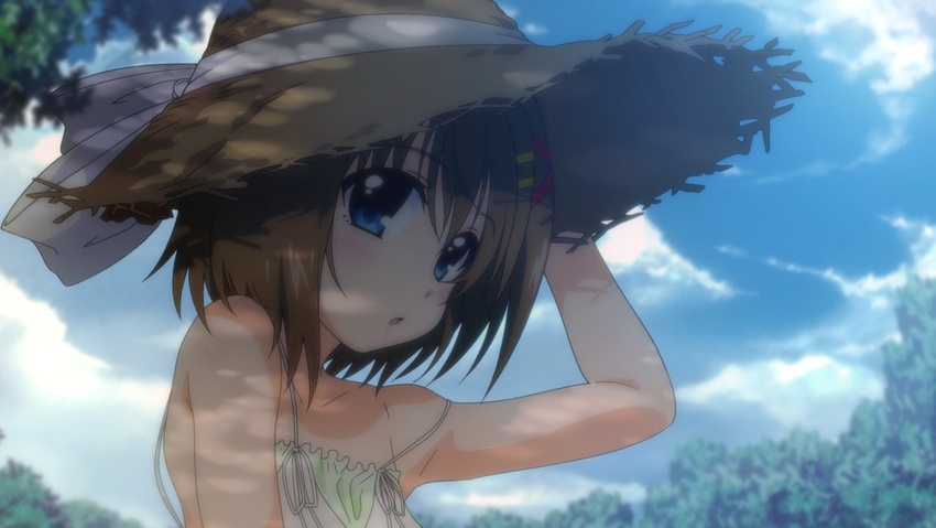 armpit_peek bare_shoulders blue_eyes blush brown_hair cloud collarbone commentary_request female hair_ornament hairclip hat kawakami_shuuichi looking_at_viewer looking_to_the_side lyrical_nanoha mahou_shoujo_lyrical_nanoha mahou_shoujo_lyrical_nanoha_a's outdoors shiny_skin short_hair sky smile solo straw_hat tree upper_body yagami_hayate