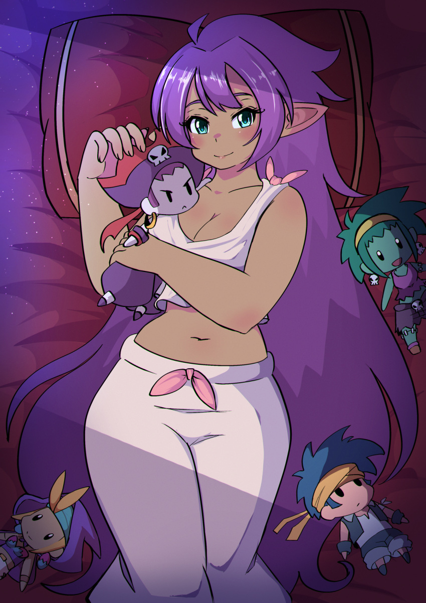 2020 bed blue_eyes bolo_(shantae) breasts brown_body brown_skin cleavage clothed clothing ear_piercing ear_ring female furniture genie hair hi_res humanoid humanoid_pointy_ears long_hair midriff navel ninelean not_furry pajamas piercing pillow plushie purple_hair ring_piercing risky_boots rottytops shantae shantae_(series) sky_(shantae) smile solo thick_thighs wayforward wide_hips