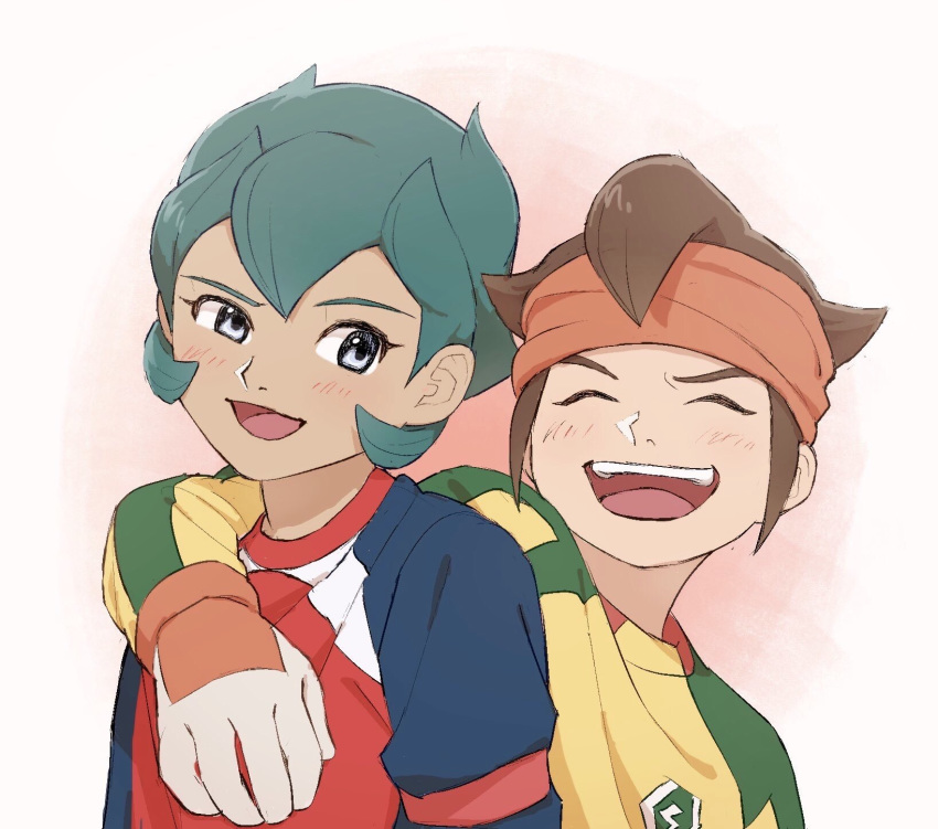 2boys blush brown_hair closed_eyes dark_skin endou_mamoru gloves green_hair headband highres inazuma_eleven inazuma_eleven_(series) looking_at_another male_focus md5_mismatch multiple_boys rococo_urupa saichuu_(datttebayoo) smile