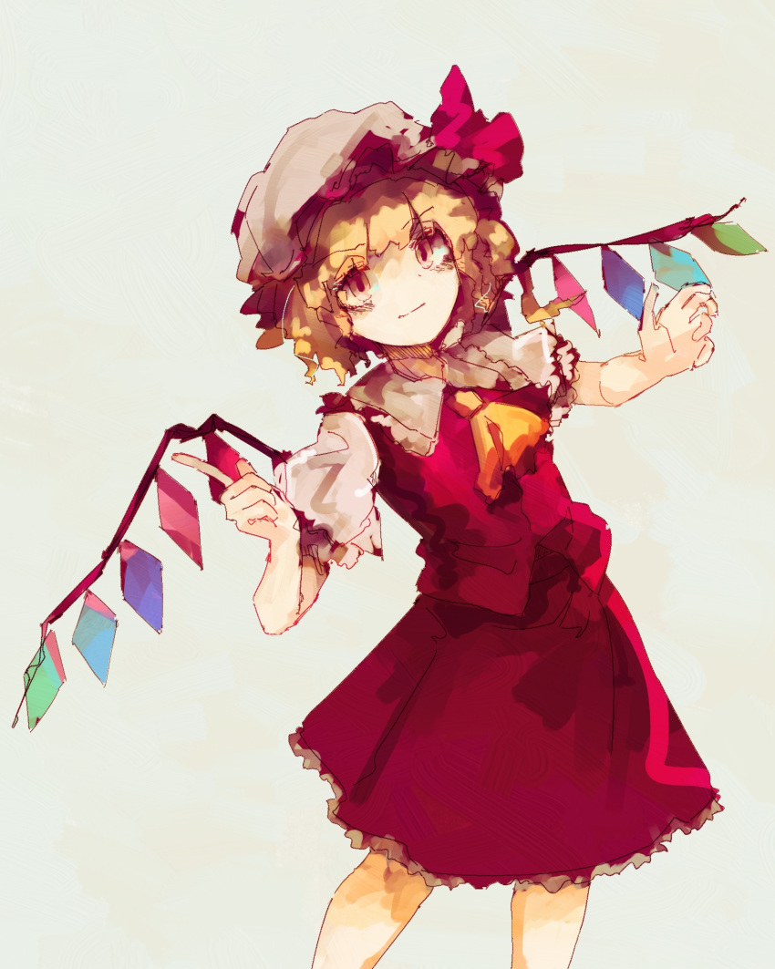 ascot blonde_hair blush bow closed_mouth commentary crystal feet_out_of_frame female flandre_scarlet frilled_shirt frilled_shirt_collar frilled_skirt frilled_sleeves frills grin hat hat_ribbon highres looking_at_viewer mob_cap oerba_yun_fang puffy_short_sleeves puffy_sleeves red_bow red_eyes red_ribbon red_skirt red_vest ribbon shirt short_hair short_sleeves side_ponytail simple_background skirt skirt_set smile solo standing touhou vest wasabisuke wavy_hair white_background white_shirt wings yellow_ascot