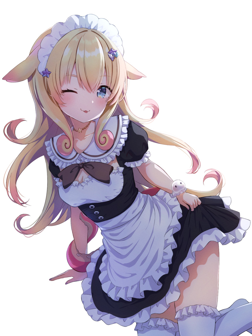 apron black_bow black_bowtie black_dress blonde_hair blue_eyes bow bowtie bracelet breasts choker clothes_lift collarbone colored_tips commission curly_hair dress dress_lift female frilled_apron frilled_dress frilled_sailor_collar frilled_thighhighs frills hair_ornament highres idol_corp jewelry long_hair maid maid_headdress momo_otako monster_girl multicolored_hair one_eye_closed pink_hair sailor_collar scylla second-party_source shell_hair_ornament solo star_(symbol) star_choker star_hair_ornament tentacle thighhighs tongue transparent_background two-tone_dress uni_(maru231) virtual_youtuber waist_apron white_sailor_collar white_thighhighs window