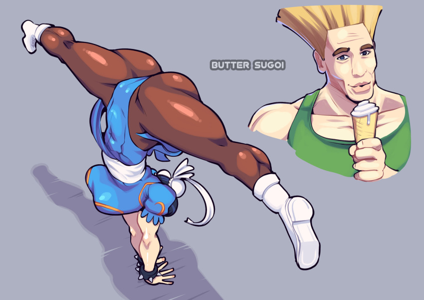 1boy artist_name bing_chilling_(meme) blonde_hair blue_eyes blue_leotard bracelet breasts brown_pantyhose bun_cover butter_sugoi chinese_clothes chun-li collarbone commentary double_bun female flattop flexible food green_tank_top guile hair_bun handstand highres holding holding_food holding_ice_cream ice_cream ice_cream_cone impossible_clothes impossible_leotard jewelry large_breasts leotard meme pantyhose pelvic_curtain puffy_short_sleeves puffy_sleeves short_sleeves spiked_bracelet spikes split street_fighter street_fighter_ii_(series) tank_top