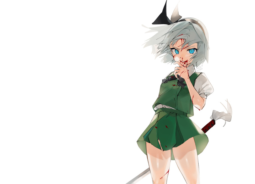 aqua_eyes blood gotoh510 gray_hair headband katana konpaku_youmu shirt short_hair signed skirt sword touhou weapon white