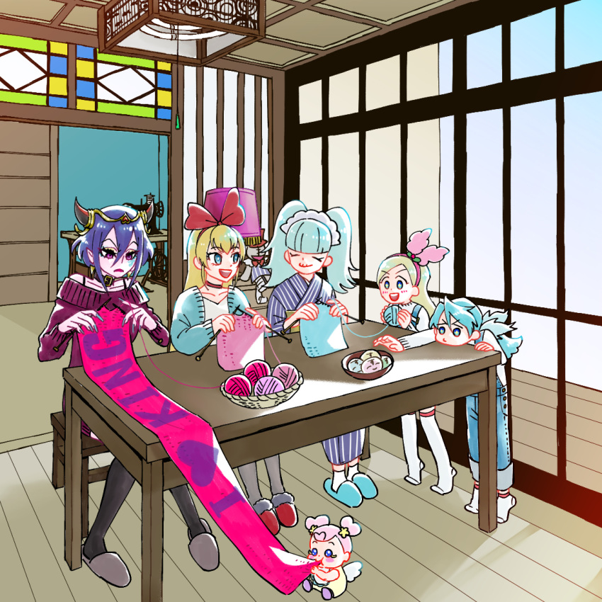 1boy 5girls :d ai-chan_(dokidoki!_precure) aqua_hair aqua_nails aqua_sweater belt_collar biburi_(precure) blonde_hair blue_eyes blue_hair blue_kimono blush_stickers bow_hairband bowl bright_pupils cardigan chair choker closed_eyes collar collarbone commentary_request dokidoki!_precure dress english_text facepaint fingernails fur-trimmed_footwear fur_trim grey_footwear hair_between_eyes hair_bun hairband headdress healin'_good_precure heart heart_hair_bun holding horns in-franchise_crossover indoors japanese_clothes kimono kirahoshi_ciel kirakira_precure_a_la_mode knees_together_feet_apart knitting knitting_needle lamp lampshade leaning_forward long_fingernails long_hair looking_at_another multiple_girls nail_polish needle off-shoulder_sweater off_shoulder open_mouth outstretched_arm overalls pikario_(precure) pink_hair precure purple_collar purple_dress purple_hair purple_sweater red_choker red_footwear red_hairband regina_(dokidoki!_precure) sewing_machine shindoine shirt short_hair sidelocks sitting sliding_doors slippers smile socks stained_glass striped_clothes striped_kimono sweater sweater_dress table thighhighs tiptoes ton_(ton39342104) white_pupils white_shirt wings wooden_floor yarn yarn_ball