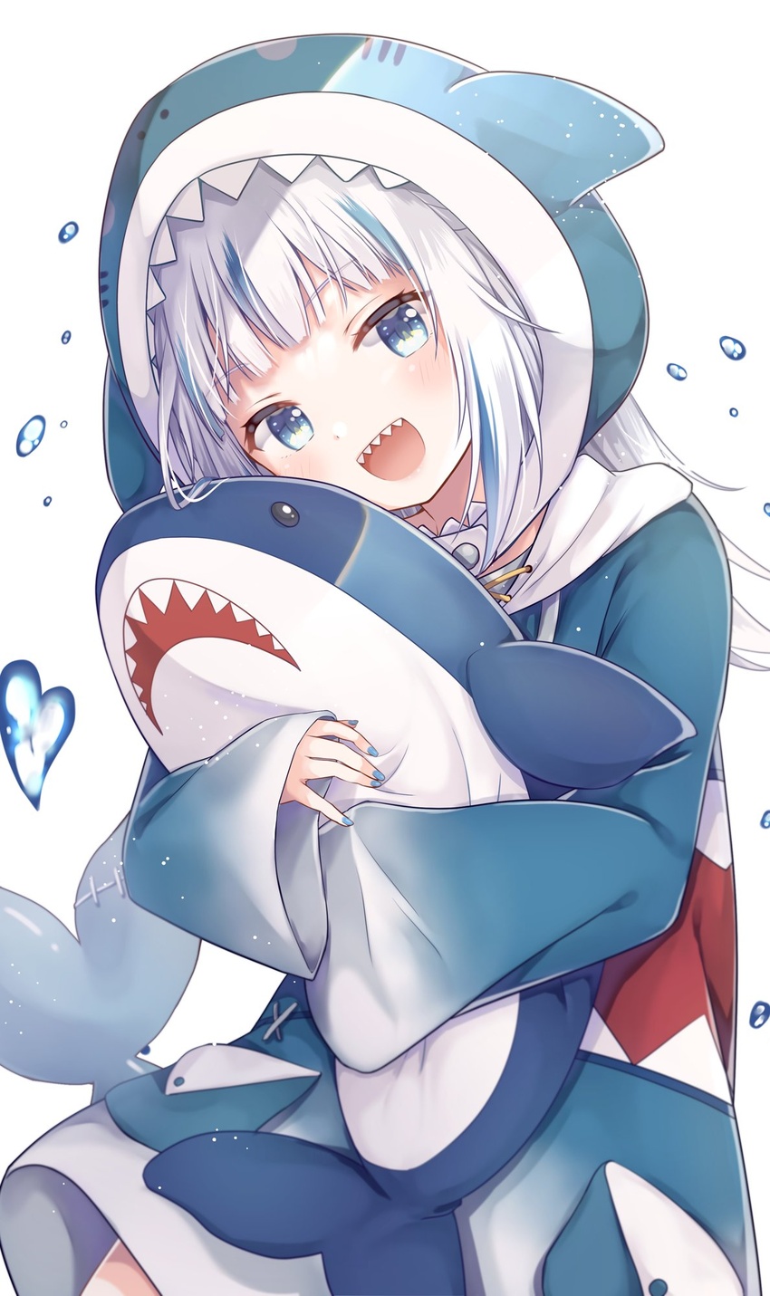 :d animal_hood blue_eyes blue_hoodie blue_nails blunt_bangs blush cowboy_shot female fins fish_tail gawr_gura gawr_gura_(1st_costume) gomano_rio gradient_clothes grey_hair head_tilt heart highres holding holding_stuffed_toy hololive hololive_english hood hood_up hoodie long_hair looking_at_viewer multicolored_hair open_mouth shark_girl shark_hood shark_tail sharp_teeth simple_background sleeves_past_wrists smile solo streaked_hair stuffed_animal stuffed_shark stuffed_toy tail teeth virtual_youtuber water_drop white_background wide_sleeves