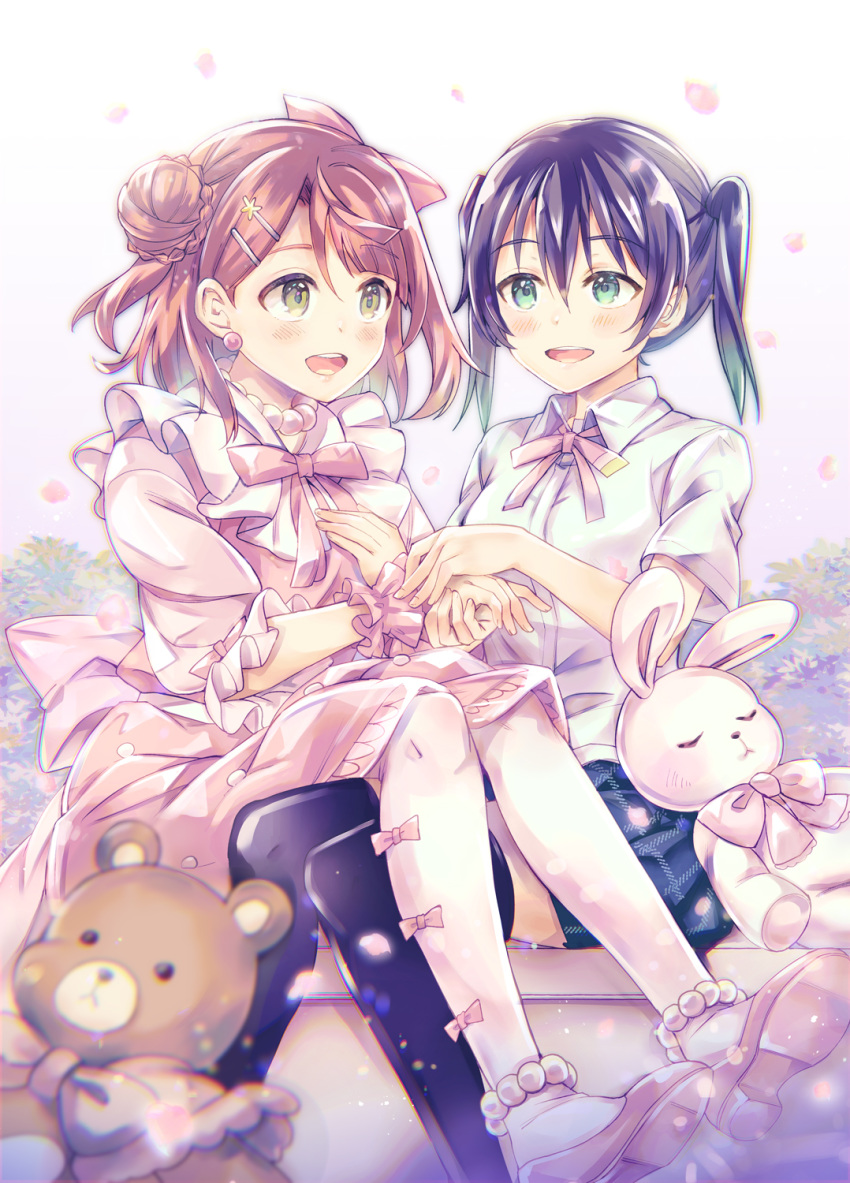 2girls :d anklet blush bow bow_legwear bowtie braid braided_bun collared_shirt commentary_request diagonal_stripes dream_with_you_(love_live!) dress earrings green_eyes hair_between_eyes hair_bun hair_ornament hairbow hairclip highres holding_hands jewelry long_hair looking_at_viewer love_live! love_live!_nijigasaki_high_school_idol_club multiple_girls necklace open_mouth outdoors pantyhose pearl_anklet pearl_necklace petals pink_bow pink_bowtie pink_dress plaid plaid_skirt purple_hair ribbon shiny shirt short_sleeves sitting skirt smile striped stuffed_animal stuffed_rabbit stuffed_toy takasaki_yu takitarou teddy_bear twintails uehara_ayumu white_legwear wrist_cuffs yuri