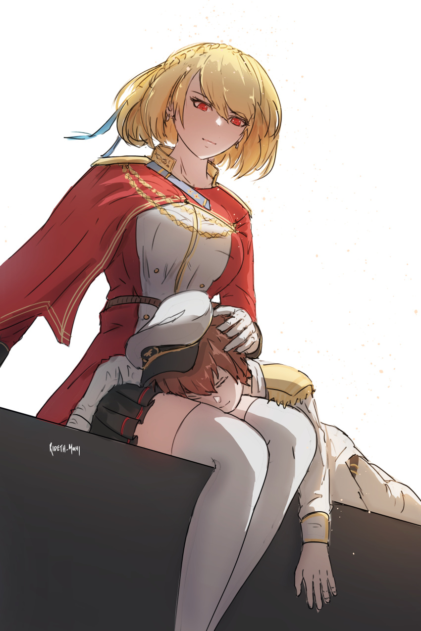 1boy absurdres age_difference artist_name azur_lane blonde_hair braid cape commander_(azur_lane) commission crown_braid english_commentary female hand_on_another's_head hat highres lap_pillow little_boy_commander_(azur_lane) military military_uniform naval_uniform onee-shota pleated_skirt prince_of_wales_(azur_lane) red_eyes rideth_mochi sitting skirt straight thighhighs uniform