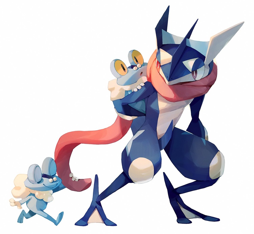 :o bluekomadori closed_eyes closed_mouth commentary english_commentary froakie frog furry greninja holding looking_back open_mouth pokemon pokemon_(creature) smile standing tongue tongue_scarf walking