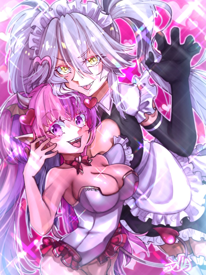 2girls ahoge apron black_gloves bow bow_choker breasts choker cleavage cleavage_cutout clothing_cutout demon_girl demon_horns demon_tail demon_wings elbow_gloves fumizuki_kazuhito gloves hair_ornament head_wings heart heart_ahoge heart_hair_ornament highres horns ironmouse ironmouse_(race_queen) large_breasts leotard long_hair maid maid_apron maid_headdress multicolored_hair multiple_girls oerba_yun_fang open_mouth pink_bow pink_choker pink_hair pointy_ears purple_eyes purple_hair race_queen slit_pupils streaked_hair tail tongue tongue_out twintails virtual_youtuber vshojo white_hair white_leotard wings yellow_eyes zentreya zentreya_(cyborg)