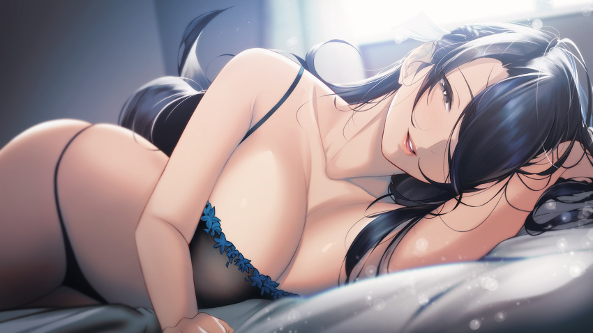 azuma_fubuki black_eyes black_hair blueorca blurry blurry_background bra breasts cleavage female hair_over_one_eye hair_spread_out highres indoors large_breasts long_hair looking_at_viewer lying mato_seihei_no_slave mature_female navel on_bed on_side one_eye_closed parted_lips thighs underwear window