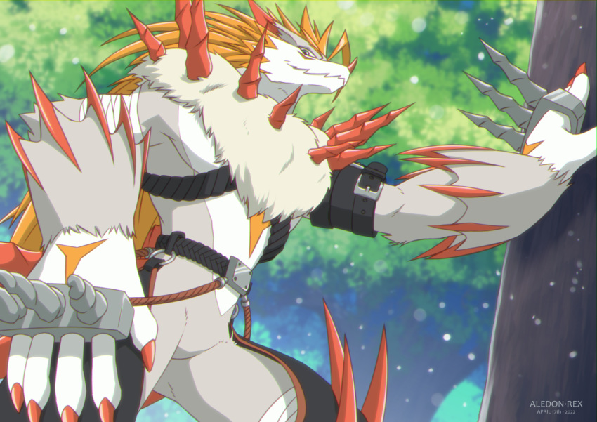 aledonrex anthro bandai_namco belt brass_knuckles digimon digimon_(species) featureless_crotch green_eyes hair male melee_weapon muscular muscular_anthro muscular_male orange_hair outside pecs quills_(anatomy) solo spikes stefilmon weapon