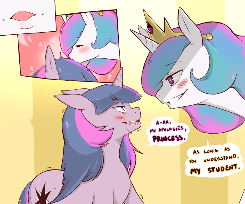 6:5 aroused bedroom_eyes blue_hair blue_tail blush bodily_fluids casual_nudity closed_eyes cold-blooded-twilight crown cutie_mark dialogue dominant dominant_female drooling duo english_text equid equine female female/female feral flirting flowing_hair friendship_is_magic fur hair hasbro headgear hi_res horn kissing kissing_head larger_female long_hair mammal multicolored_hair my_little_pony mythological_creature mythological_equine mythology narrowed_eyes nude open_mouth open_smile pink_hair pink_tail princess_celestia_(mlp) purple_body purple_eyes purple_fur purple_hair purple_tail royalty saliva seductive size_difference smaller_female smile submissive submissive_female sweat tail text twilight_sparkle_(mlp) unicorn white_body white_fur