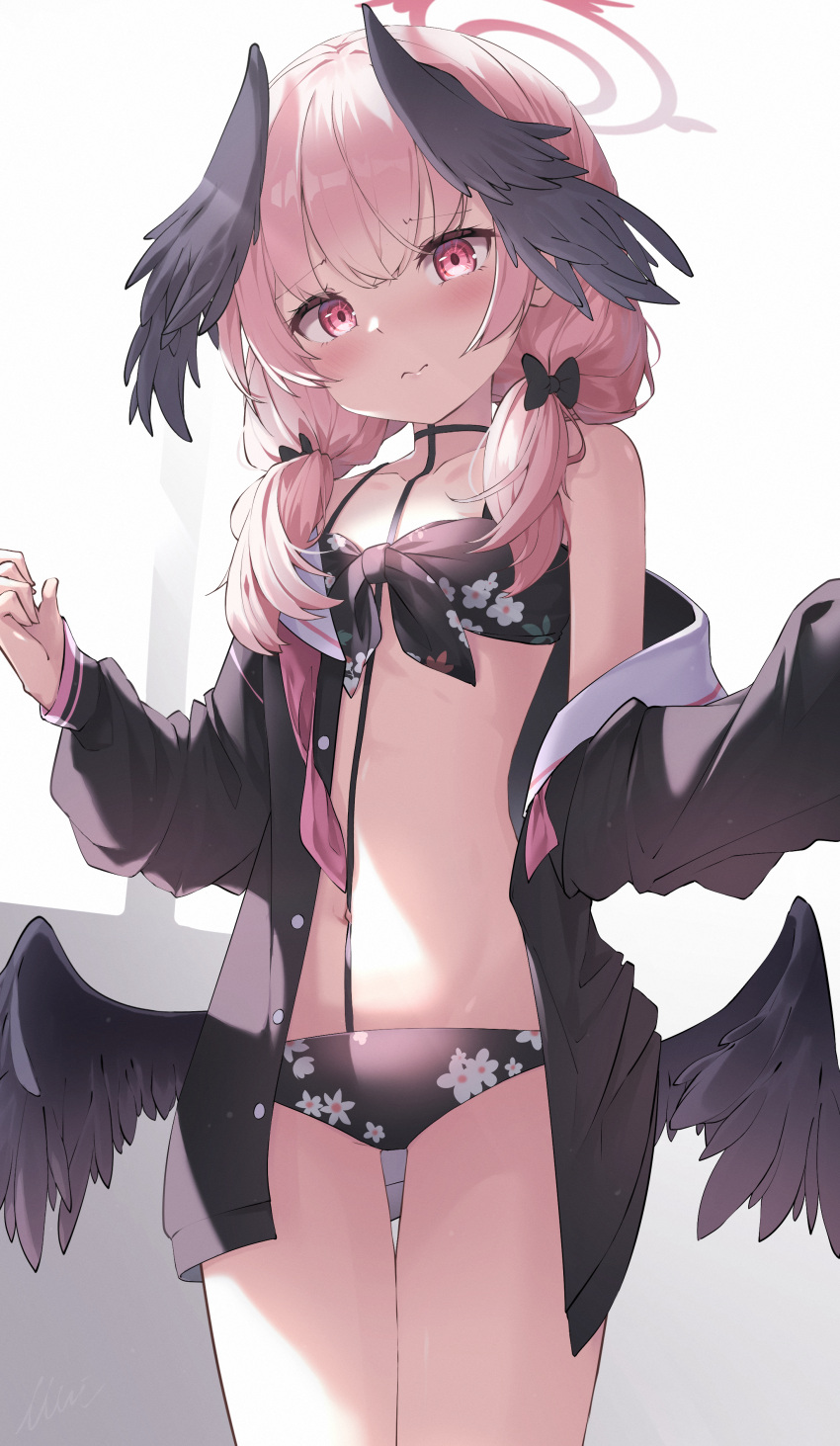 absurdres bikini black_bikini black_bow black_shirt black_wings blue_archive blush bow breasts closed_mouth commentary cowboy_shot feathered_wings female floral_print front-tie_bikini_top front-tie_top hairbow halo head_wings highres koharu_(blue_archive) koharu_(swimsuit)_(blue_archive) long_hair long_sleeves looking_at_viewer looking_down low_twintails low_wings maeru navel neckerchief necktie off_shoulder official_alternate_costume open_clothes open_shirt pink_eyes pink_hair pink_halo pink_necktie print_bikini shirt simple_background small_breasts solo standing swimsuit tattoo thigh_gap twintails undone_neckerchief white_background wings