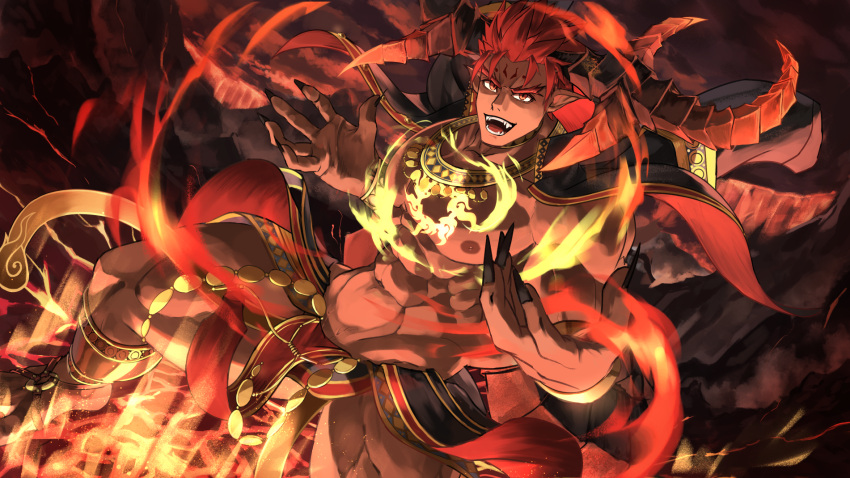 1boy abs bara bare_pectorals bellsaltr chest_tattoo dark-skinned_male dark_skin demon_boy demon_horns fingernails fire from_above highres horns ifrit_(housamo) large_pectorals looking_at_viewer male_focus monster_boy muscular muscular_male navel nipples orange_eyes pectorals pelvic_curtain pointy_ears red_hair sharp_fingernails short_hair solo spiked_hair stomach tattoo thick_thighs thighs tokyo_afterschool_summoners wind