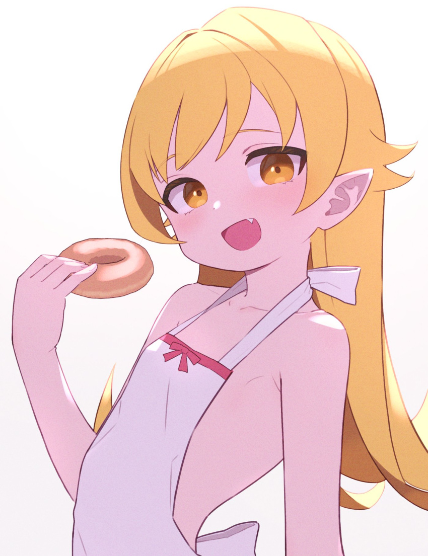 arched_back armpit_crease backless_dress backless_outfit blonde_hair blush collarbone commentary doughnut dress eyelashes female film_grain flat_chest food gradient_background grey_background hand_up highres holding long_hair looking_at_viewer monogatari_(series) oerba_yun_fang open_mouth oshino_shinobu pointy_ears shadow shimizu_tomoki sidelocks skinny sleeveless sleeveless_dress solo upper_body vampire white_background white_dress yellow_eyes